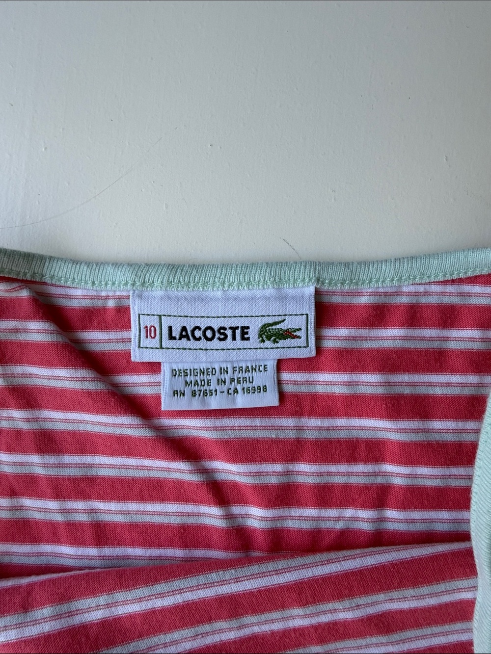 Lacoste girls spaghetti strap tank top coral striped size 10 - Picture 3 of 4